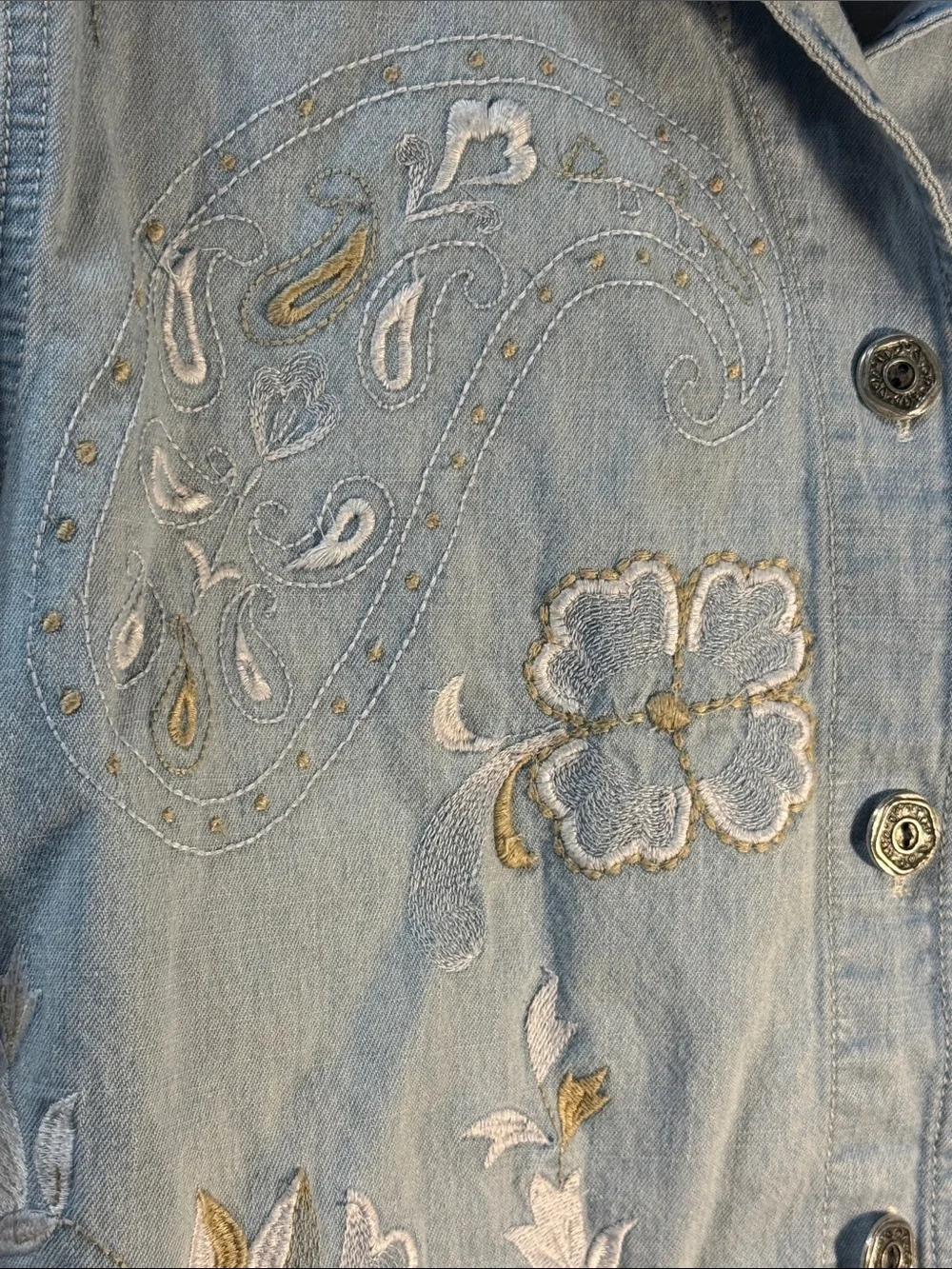 Chico's Light Blue Embroidered Denim shirt with Floral Accents - Picture 3 of 7